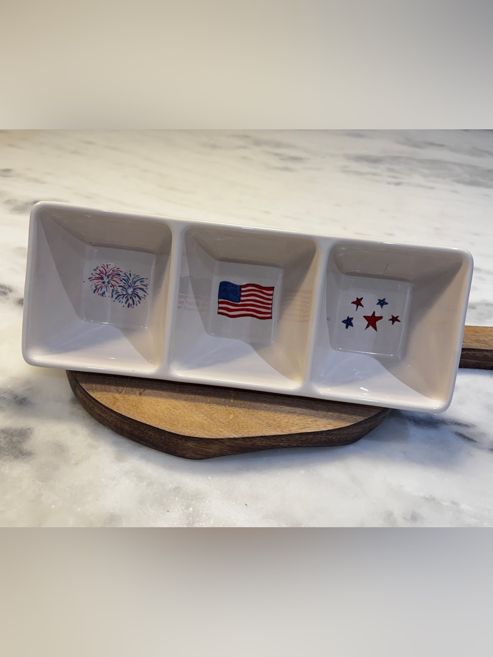 Rae Dunn Ceramic Condiment/Relish Serving Dish PATRIOTIC Themed Flag Fireworks